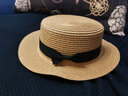 度假平頂草帽女夏季小禮帽百搭小沿帽黑色蝴蝶結短檐帽復古草帽女 深卡其 平頂蝴蝶結草帽 M（56-58cm）成人款 曬單實(shí)拍圖