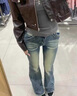 Ady Glenna美式復古做舊牛仔褲女修身顯瘦毛邊微喇褲秋季新款高腰拖地長(cháng)褲 *主圖色* L 建議105115斤 曬單實(shí)拍圖