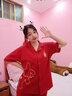 卡梵黎（KafanIi）情侶睡衣純棉新婚紅色喜慶夏季短袖短褲本命年禮物結婚家居服 9701 女XXL 曬單實(shí)拍圖