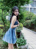 婍妡性感甜辣牛仔吊帶連衣裙女夏高級感別致綁帶收腰顯瘦抹胸百褶短裙 藍(lán)色 S 曬單實(shí)拍圖