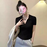 嫻柔短袖t恤女2025年夏季新款收腰翻領(lǐng)弧形下擺短款黑色半袖polo上衣 黑色 卡碼拍大 M 【90-100斤】 曬單實(shí)拍圖