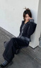 Shelley Jones黑灰微喇牛仔褲男夏季新款小眾拼接水洗做舊褲子美式高街直筒長褲 黑色 XL [推薦120-140斤] 曬單實拍圖