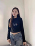 嫻柔2025小圓領(lǐng)打底衫女春秋冬新款緊身露臍高腰辣妹內搭長(cháng)袖T恤上衣 黑色【短款smile】 M 曬單實(shí)拍圖
