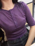 羅蒙（ROMON）紫色V領(lǐng)短袖t恤女裝夏季2025新款修身針織打底衫短款上衣t恤 紫色 L -105-115斤 曬單實拍圖