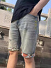衣然呈品刺繡牛仔短褲男夏季ins復古潮牌直筒修身韓版破洞潮流五分褲子男 淺藍色 30【建議120-130斤】 曬單實(shí)拍圖