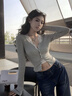 v領長袖t恤女秋冬季2025新款內搭可外穿設計感小眾打底衫修身上衣 灰色 L 曬單實拍圖