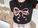香蕉寶貝2024夏季新款百搭圓領(lǐng)針織衫女甜美蝴蝶結薄款短袖上衣D242MY147 黑色 S 曬單實(shí)拍圖