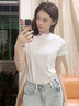 嫻柔半高領(lǐng)白色t恤女士短袖2025新款春夏氣質(zhì)拼接小立領(lǐng)修身上衣洋氣 白色 L 曬單實(shí)拍圖