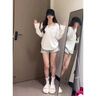 美式排扣v領(lǐng)蝙蝠袖白色長(cháng)袖t恤女秋季松弛感寬松慵懶風(fēng)設計感上衣 白色 M 曬單實(shí)拍圖
