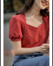 茵曼2024夏季新款法式方领套头泡泡袖修身气质显瘦棉质T恤女 复古红 M 实拍图