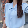 伯德小姐藍(lán)色短袖襯衫女小個(gè)子內(nèi)搭上衣職業(yè)正裝教資穿搭雪紡襯衣 曬單實(shí)拍圖