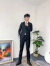 啄木鳥【西服套裝】男士?jī)杉殬I(yè)正裝男商務(wù)外套修身休閑西裝結(jié)婚禮服男 黑色 L 曬單實(shí)拍圖