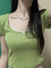 冶芷拼接蕾絲短袖T恤女夏季設計感短款甜辣小上衣 蕾絲拼接U領(lǐng)短袖綠色 S （建議80-95斤） 曬單實(shí)拍圖