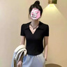 嫻柔短袖t恤女2025年夏季新款收腰翻領(lǐng)弧形下擺短款黑色半袖polo上衣 黑色 卡碼拍大 M 【90-100斤】 曬單實(shí)拍圖