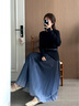 玖姿·安娜蔻優(yōu)雅淑女漸變假兩件羊毛壓褶針織連衣裙女2024冬款 素黑 M 曬單實(shí)拍圖