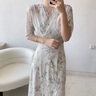 拉夏貝爾（La Chapelle）短袖雪紡連衣裙女裝2025年夏季新款時(shí)尚中長(cháng)款法式小個(gè)子夏天裙子 青碧 M 曬單實(shí)拍圖