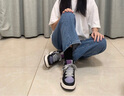 達(dá)芙妮（DAPHNE）休閑鞋女高幫厚底2024秋季新款學(xué)生女生百搭旅游aj女鞋 黑紫 37 (235mm) 標(biāo)準(zhǔn)碼 曬單實(shí)拍圖