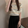 AEMAPE夏季新款冰絲針織衫條紋短袖女法式減齡外穿溫柔氣質(zhì)圓領(lǐng)t恤上衣 杏色 均碼 80-125斤 曬單實(shí)拍圖
