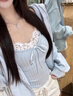LDBE奶fufu藍(lán)色拉鏈連帽碎花開衫衛(wèi)衣女春秋薄款小個(gè)子慵懶寬松外套潮 藍(lán)色 XL 曬單實(shí)拍圖
