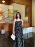 對白法式度假風(fēng)水墨印花背心連衣裙女2025新款夏季無(wú)袖吊帶長(cháng)裙 復古黑 S 曬單實(shí)拍圖