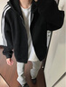 POUM三條杠條紋開衫衛(wèi)衣男春秋款美式復(fù)古連帽上衣服寬松休閑帽衫外套 TMZXFGCD-W666黑色 XL 曬單實(shí)拍圖