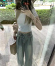 燦圖韓系牛仔褲女春秋季高腰顯瘦高級設計感直筒闊腿褲小眾拖地長(cháng)褲子 懷舊色 M 曬單實(shí)拍圖