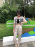 BVX新款T恤女夏新款韓版百搭時(shí)尚洋氣夏季女裝氣質(zhì)短袖休閑運(yùn)動(dòng)套裝 杏色 L 曬單實(shí)拍圖