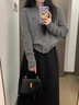 妃莉杋（FeiLiFan）秋冬連衣裙女裝2024新款小個(gè)子茶系穿搭氣質(zhì)顯瘦小香風(fēng)裙子套裝女 灰色上衣+黑色半身裙 M【90-100斤】 曬單實(shí)拍圖
