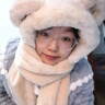 溪谷幽幽小熊帽子圍巾口罩一體手套女冬季冬天毛絨連帽圍脖可愛(ài)保暖三件套 曬單實(shí)拍圖