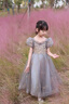 奧蒙威女童禮服公主裙中大童主持表演服甜美花童長款兒童網(wǎng)紗連衣裙8905 灰色 140 曬單實拍圖