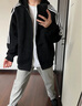 POUM三條杠條紋開衫衛(wèi)衣男春秋款美式復(fù)古連帽上衣服寬松休閑帽衫外套 TMZXFGCD-W666黑色 XL 曬單實(shí)拍圖