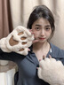 唐獅（TonLion）可愛(ài)卡通貓爪半指手套毛絨冬季女生保暖加絨加厚防寒學(xué)生露指騎行 米色 曬單實(shí)拍圖