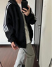 POUM三條杠條紋開衫衛(wèi)衣男春秋款美式復(fù)古連帽上衣服寬松休閑帽衫外套 TMZXFGCD-W666黑色 XL 曬單實(shí)拍圖
