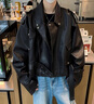 杭潮社黑色墊肩短款油蠟皮衣夾克歐美高街hiphop外套男生酷帥穿搭冬套裝 黑色三件套 XL 曬單實(shí)拍圖