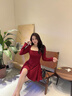 DPLAY2025秋季新款紅色連衣裙女時(shí)尚氣質(zhì)法式禮服裙子長(cháng)袖短裙 果醬紅 M 曬單實(shí)拍圖