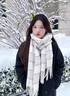CEENIU圍巾女生秋冬季2025新款韓系百搭氛圍感圍脖女士長款格子保暖披肩 流蘇格子條紋圍巾【米白色】 曬單實拍圖