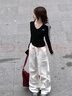 LDBE美式復(fù)古條紋V領(lǐng)修身辣妹長袖t恤女秋冬新款內(nèi)搭設(shè)計感打底衫上衣 黑色 L 曬單實拍圖