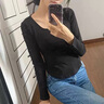 妙奕嘉長(cháng)袖t恤女士白色黑色打底衫女可外穿秋裝新款2025年上衣正肩秋衣 純色U領(lǐng)弧擺打底衫【黑色】 S 【建議90斤以?xún)取?曬單實(shí)拍圖