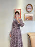 顏域優(yōu)雅印花法式連衣裙女秋2024新款復古通勤中長款長袖系帶裙子 紫花 L/40 曬單實拍圖