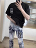 益帛牛仔褲男春夏季歐美風破洞刺繡五角星潮流修身小腳休閑長褲子男裝 藍色 L【建議110-125斤】 曬單實拍圖