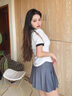 喜詩(shī)萊 CESLAY2025新款夏季女裝套裝學(xué)生韓版寬松學(xué)院風(fēng)Polo領(lǐng)T恤百褶裙兩件套 黑領(lǐng)白T恤+灰百褶裙 S 建議70-95斤 曬單實(shí)拍圖