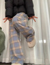 棉致顯瘦格子加絨加厚闊腿褲子女秋冬季新款寬松小個(gè)子高腰直筒休閑褲 021淺藍色【加絨高品質(zhì)28.5】 L 100-115斤 曬單實(shí)拍圖