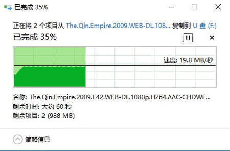 传输速度：读取速度很快，100多M每秒，写入速度有点慢，平均20M左右，瞬时速度可达50多M。上一个用的U盘也是闪迪32G的，写入速度可达90M每秒，那款U盘速度是真快，可惜现在停产了。不过这U盘相比其他的U盘还是不错的，双十一30多块钱就买了，还送了OTG转换器