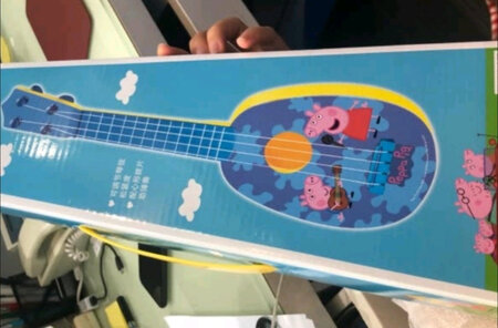 买给小孩的一个玩具，小孩很喜欢，哥哥也有一个尤克里里，跟哥哥搭配组合乱弹乱唱，甚是高兴，琴是可以娱乐一下，但琴弦是胶线，弹出来的声音没多大，而且容易断弦，不过外观图案十分吸引，小孩就是喜欢小猪佩奇，拿着来玩就爱不释手。