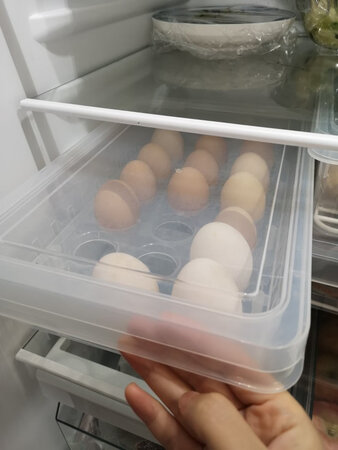容量大小：能放下十八枚鸡蛋或者鸭蛋
厚薄程度：塑料用料足，比较厚实
实用性能：实用
其他特色：能放十八枚鸡蛋，盖子不是密封的，下方有通风口，鸡蛋不会捂坏。仔细看一下，盒子一端有凹槽，方便将盒子取出。