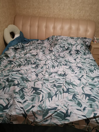 布料真的比较薄。没有同等价位其它产品的布料好 颜色和花色是亮点。因为喜欢这个被罩花色 勉强留了下来。这个绿色看起来也比较舒服。建议把面料再提升一下。效果会更好。。。。。。。。。。。。。 感觉双十一价格也没有多便宜呀