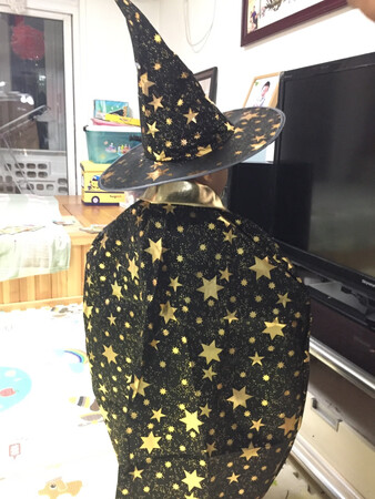 又到了讨糖捣乱的时候，小朋友的幼儿园要求大家对教室和宝宝进行装扮，时间关系，直接在京东上订购了，送的快绝对是京东第一优势
魔法师的衣服质量还不错，帽子，披风和手杖。手杖一般，其他都不错，小朋友带着效果很好