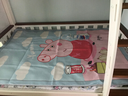 这款凉席软软的，凉而不冰，适合老人和孩子用，小猪佩奇的卡通图案孩子也很喜欢，送货也很快。