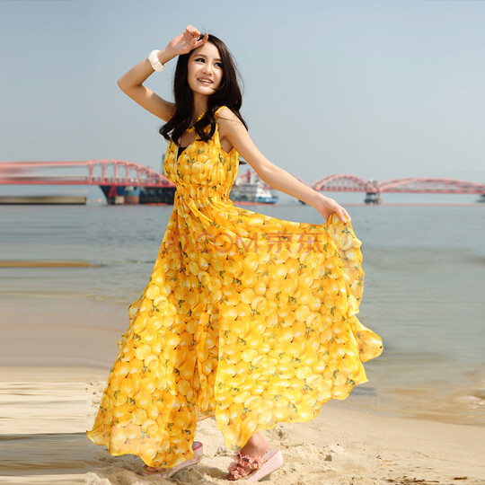 谜秀 2014韩版简约碎花雪纺连衣裙波西米亚裙