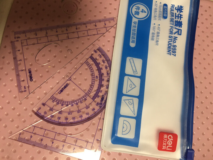 得力(deli)9597 学生文具 绘图尺子四件套尺(直尺+三角尺*2+量角器) 晒单图